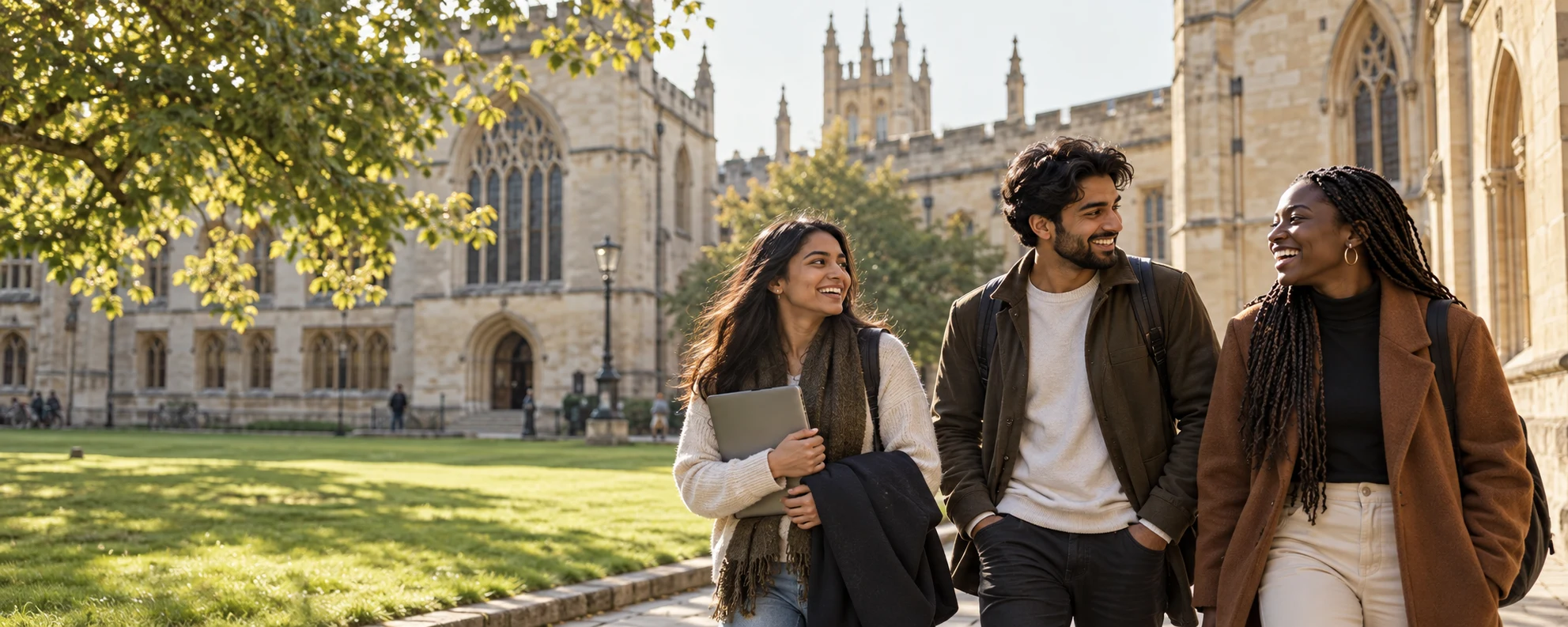 International students walking together on a sunlit university campus