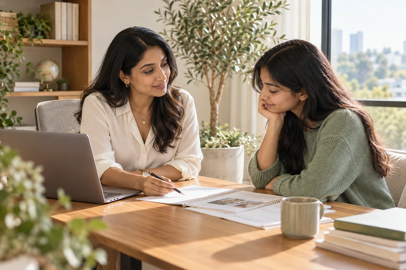 An education consultant and student reviewing plans together in a bright office