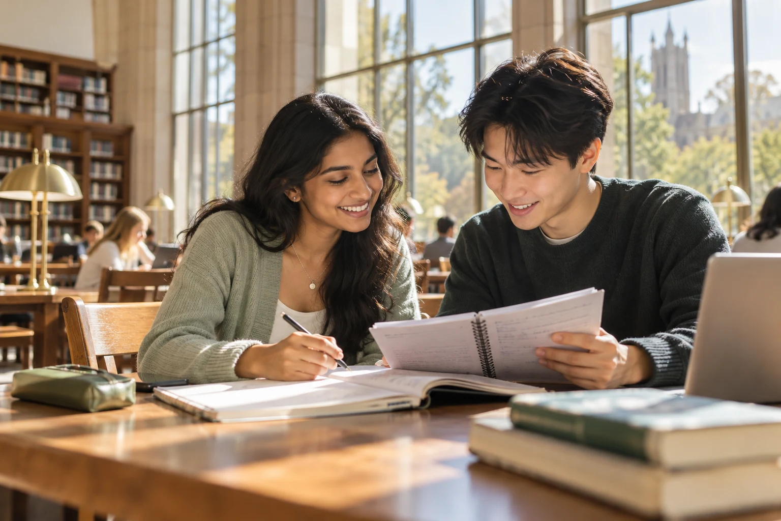 Two students studying together in a sunlit university library